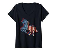 Donna Cavallo Vintage Rosso Bianco e Blu Bandiera Americana Equitazione #25D11 Maglietta con Collo a V