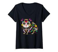 Donna Cavia Messicana Sugar Skull Calavera Viva Mexico Party Maglietta con Collo a V