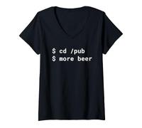 Donna CD/Pub più Birra Pun White Design per la Linea di Comando Hacker Maglietta con Collo a V