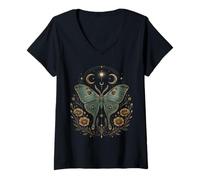 Donna Celeste falena Luna Botanica occulta Boho Natura Arte Maglietta con Collo a V