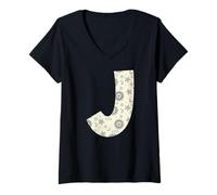 Donna Celeste Lettera J Sole Luna Vintage Alfabeto Maglietta con Collo a V