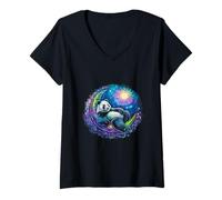 Donna Celeste Panda Bear sdraiato su una luna crescente lunare Maglietta con Collo a V
