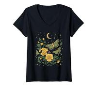 Donna Celestial Goblincore Moth Moon Phases Botanical Wildflowers Maglietta con Collo a V