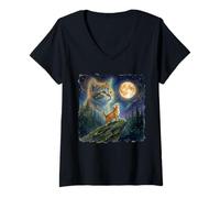 Donna Celestial Moon Cat Ginger Kitten Night Sky Art Maglietta con Collo a V