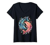 Donna Celestial Watercolor Dolphin Animal Sea Life Maglietta con Collo a V
