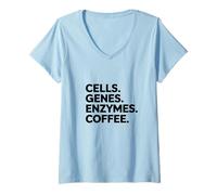 Donna Cellule Geni Enzimi Caffè Divertente Insegnante di Scienze Laboratorio di Biologia Maglietta con Collo a V