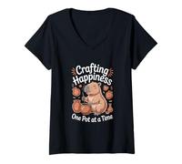 Donna Ceramica Capibara "Crafting Happiness" Maglietta con Collo a V