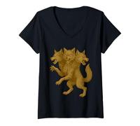 Donna Cerberus Crest Rinascimento Fantasy Araldico Mito Medievale Maglietta con Collo a V