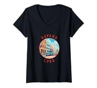 Donna Cerchio invecchiato retrò Havana Cuba Retro Maglietta con Collo a V