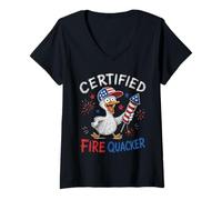 Donna Certificato Fire Quacker Funny Patriotic Duck Doodle 4 luglio Maglietta con Collo a V