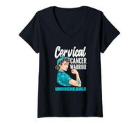 Donna Cervicale Cancer Warrior Unbreakable Strong Woman Teal Ribbon Maglietta con Collo a V