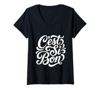Donna C'Est Si Bon French Script Tipografia Maglietta con Collo a V