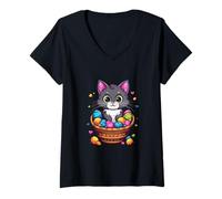 Donna Cestino per uova di Pasqua con gatto e uova colorate Maglietta con Collo a V