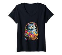 Donna Cestino per uova di Pasqua con gatto e uova colorate Maglietta con Collo a V