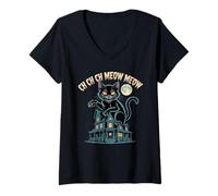 Donna Ch Ch Ch Meow Gatto Film Horror Halloween Maglietta con Collo a V