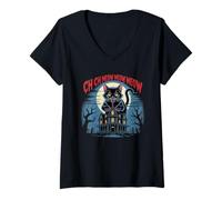 Donna Ch Ch Ch Meow Gatto Film Horror Halloween Maglietta con Collo a V