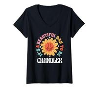 Donna Chandler Nome Personalizzato Bella Giorno Testo Ondulato Retro Maglietta con Collo a V