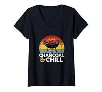 Donna Charcoal & Chill Summer BBQ Vintage Tramonto Dad Grill Lover Maglietta con Collo a V