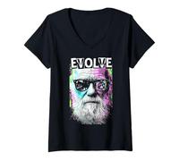 Donna Charles Darwin Evolve Retro Vintage Pop Art Scienza Maglietta con Collo a V