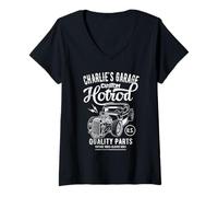Donna Charlie's Hotrod Garage Classic Car Design Personalizzato Maglietta con Collo a V