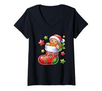 Donna Charm gioioso con Pan di Zenzero nella Calza di Natale Maglietta con Collo a V