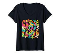 Donna Chase Peace Groovy Retro Hippie Flower Power Dove Arcobaleno Maglietta con Collo a V