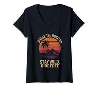 Donna CHASE THE HORIZON STAY WILD RIDE FREE amante del campeggio escursionismo Maglietta con Collo a V