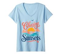 Donna Chasing Sunsets Retro Beach - Vibrazioni costiere Maglietta con Collo a V
