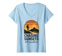Donna Chasing Tramonti Non Scadenze Avventura Grafico Maglietta con Collo a V