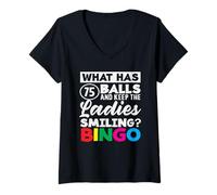 Donna Che Cosa ha 75 Palle Signore Sorridente Bingo Maglietta con Collo a V