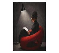 Donna che legge con lampada da terra Puzzle 1000 Pezzi in Legno | Sedia rossa, Sala di lettura lunatica, Stile a Olio, Realismo, Struttura in Legno, Sfida Puzzle, Gioco Mentale