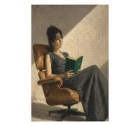 Donna che legge il libro verde Puzzle 1000 Pezzi in Legno, Sfida di Logica | Sedia illuminata dal sole, Sala di lettura classica, Stile a Olio, Struttura in Legno, Divertimento Puzzle, Gioco di Logica