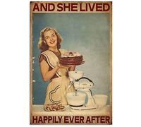 Donna che prepara una torta, cartello in metallo vintage, decorazione da parete per cucina, e visse per sempre felici e contenti, poster in latta, panetteria, casa, targa in metallo, 8x12 pollici