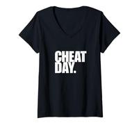 Donna Cheat Day - Pizza Fast Food, Pesi, Bodybuilder, Palestra Muscolare Maglietta con Collo a V