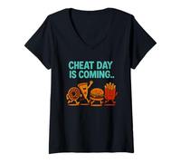 Donna Cheat Day Sta arrivando - Divertenti Patatine Fritte a Forma di Cartone Animato Junk Food Maglietta con Collo a V