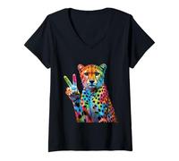 Donna Cheetah Print Stuff Tie Dye Segno della Pace Hippie Divertente Ghepardo Maglietta con Collo a V