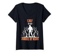 Donna Chef by Day Zombie di Notte Divertente Halloween Creepy Cook Maglietta con Collo a V