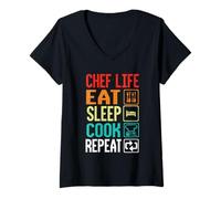 Donna Chef Life Eat Cook Repeat Funny Cooking Chefs Lover Maglietta con Collo a V