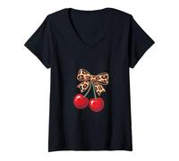 Donna Cherries Bow Coquette Leopard Print Bold Style Maglietta con Collo a V