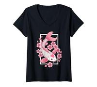 Donna Cherry Blossom Rosa Koi Carpa Pesce giapponese Ukiyo-e Art Maglietta con Collo a V