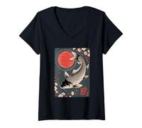 Donna Cherry Blossom Sun Art Asiatico Elegante Koi Pesce Maglietta con Collo a V