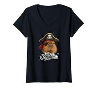 Donna Chiamami Capitano! Divertente Pirata Capybara Illustrazione Maglietta con Collo a V