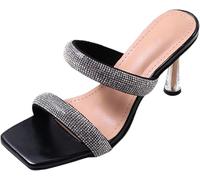 Donna Chiaro Strass Chunky Tacchi Alti Sandali Quadrato Punta Aperta Due Strappi Senza Schiena Scivolo Sulla Spiaggia Infradito, Nero , 39 EU