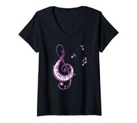 Donna Chiave di violino musicale con pianoforte e note musicali Maglietta con Collo a V
