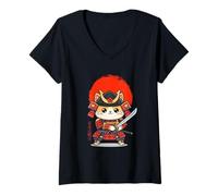 Donna Chibi Cat Samurai Armatura Completa Kawaii Giapponese Maglietta con Collo a V