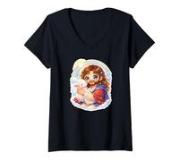 Donna Chibi Gesù Cristo Kawaii Tenendo l'Agnello Maglietta con Collo a V