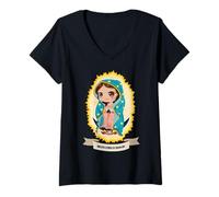 Donna Chibi Our Lady Virgen De Guadalupe Saint Virgin Mary Maglietta con Collo a V