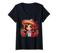 Donna Chibi Sombrero Mexican Independence Day Fiesta Mexicana Maglietta con Collo a V