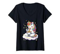 Donna Chibi Unicorno Mangia Arcobaleno Spaghetti Pasta Grafica Maglietta con Collo a V