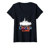 Donna Chicago, Centro, Città, Orizzonte, colorito, Acquerello, Stile Maglietta con Collo a V